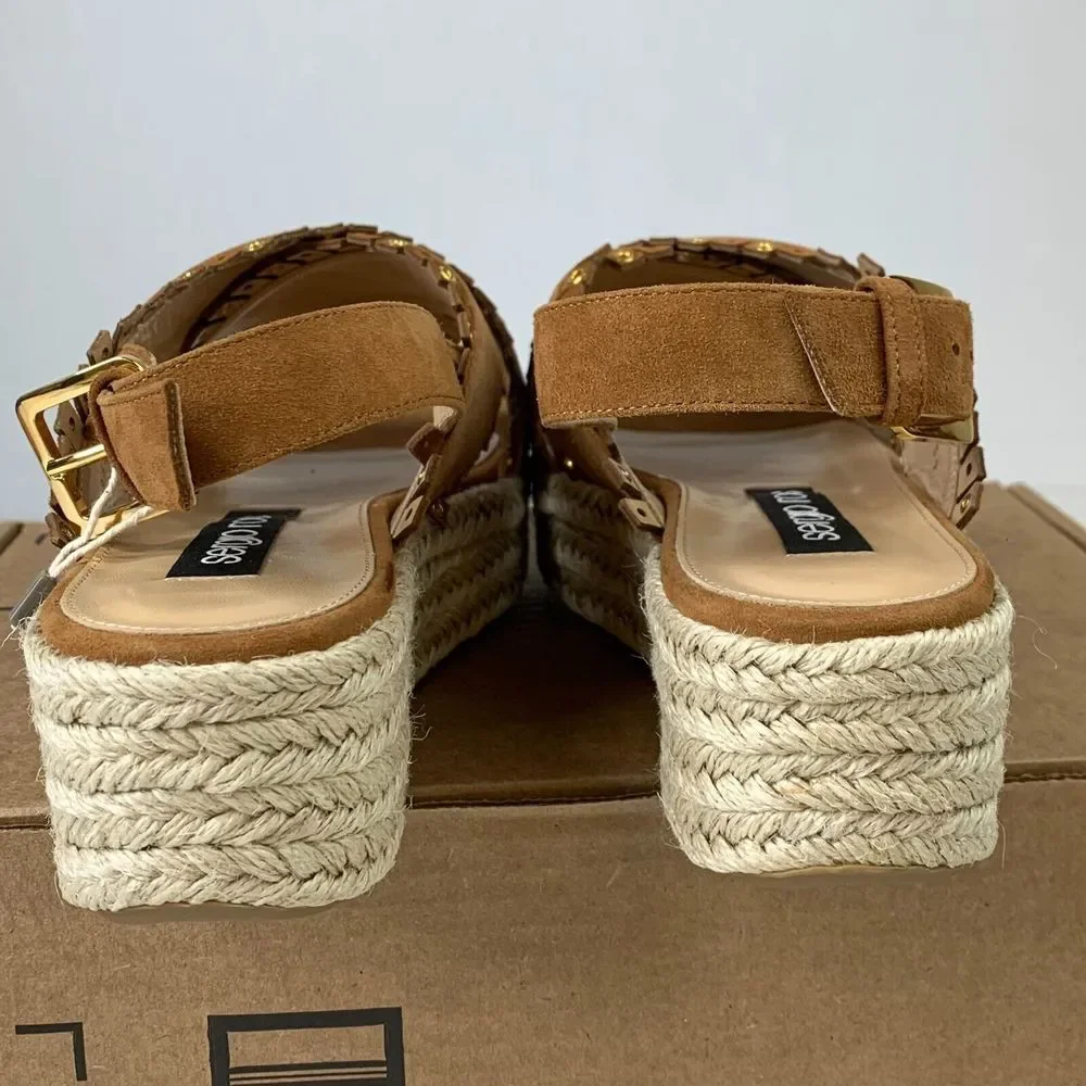 Sergio Rossi Womens Wedge Sandals Brown Fringe Suede Cross-Over Strap Sz‎ 8.5/40